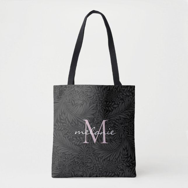 Elegant Black Blommigt  Rosa Script Monogram Tygkasse (Framsida)