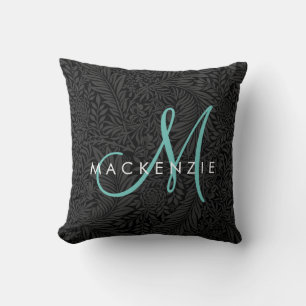 Elegant Black Blommigt Teal Script Monogram Kudde