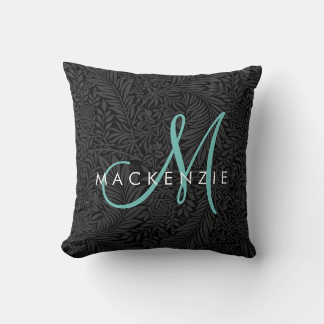 Elegant Black Blommigt Teal Script Monogram Kudde (Framsida)