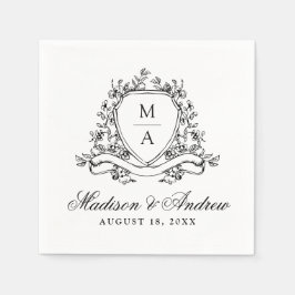 Elegant Black Blommigt Vapensköld Monogram Bröllop Pappersservett