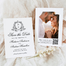 Elegant Black Blommigt Vapensköld Monogram Photo B Spara Datumet