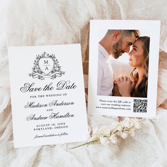 Elegant Black Blommigt Vapensköld Monogram Photo B Spara Datumet (Skapare uppladdad)