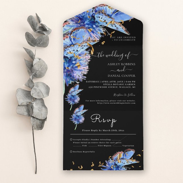 Elegant Black Blue Butterflies Bröllop (Skapare uppladdad)