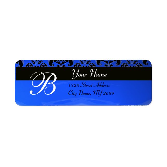 ELEGANT BLACK BLUE DAMASK MONOGRAM RETURADRESS ETIKETT (Framsidan)