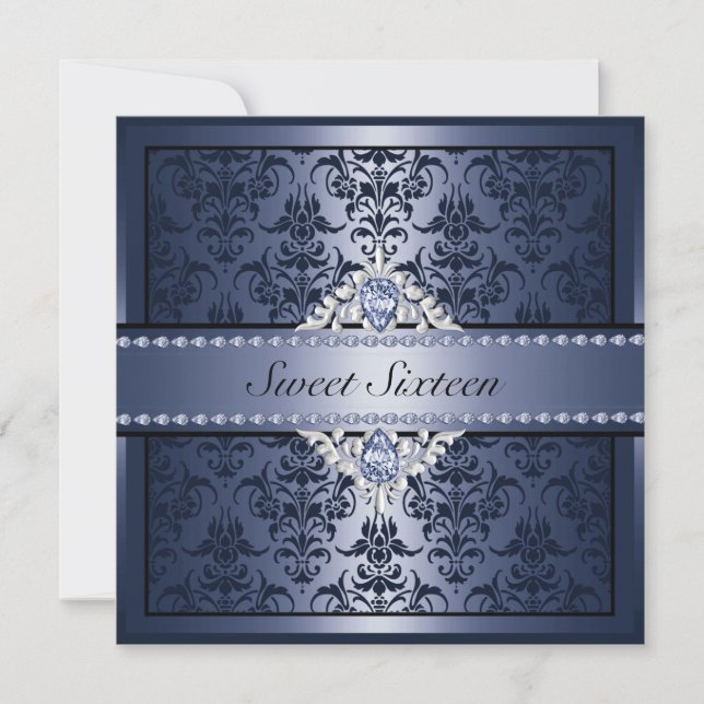 Elegant Black & Blue Damask Sweet16 Inbjudan (Framsida)