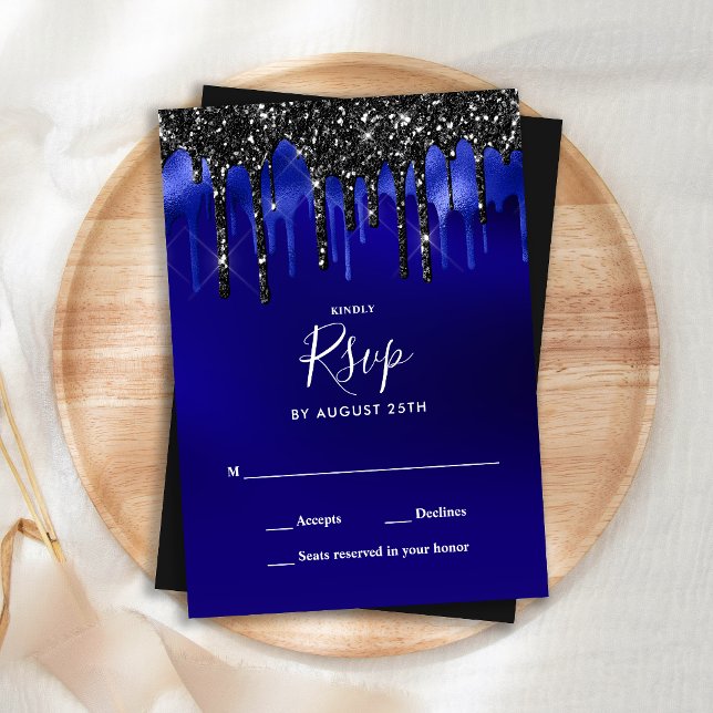 Elegant Black Blue Glitter Drives Bröllop OSA Anteckningskort (Skapare uppladdad)