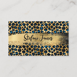 Elegant Black Blue Gold Foil Leopard Brush Stroke Visitkort