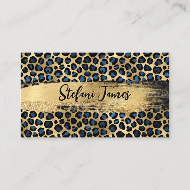 Elegant Black Blue Gold Foil Leopard Brush Stroke Visitkort (Framsida)
