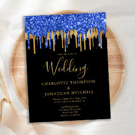 Elegant Black Blue Guld Glitter Drivers Bröllop Vykort
