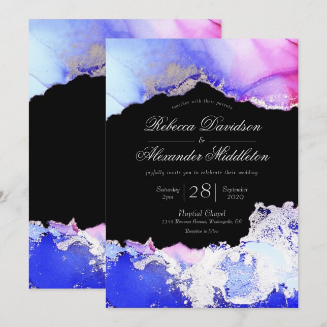 Elegant Black Blue Lila Silver Forme Bröllop Inbjudningar (Fram/baksida)
