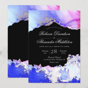 Elegant Black Blue Lila Silver Forme Bröllop Inbjudningar