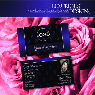 Elegant Black Blue med Logotyp Photo och Monogram Visitkort