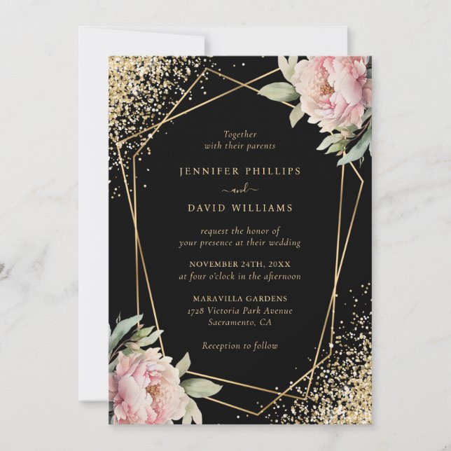 Elegant Black Blush Pink Peony Geo Gold Wedding Inbjudningar (Framsida)