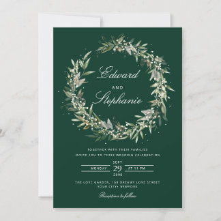 Elegant Black Bohemian Watercolor Greenery Bröllop Inbjudningar