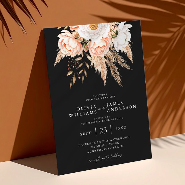 Elegant Black Boho Chic Blommigt Fall Wedding Inbjudningar (Skapare uppladdad)