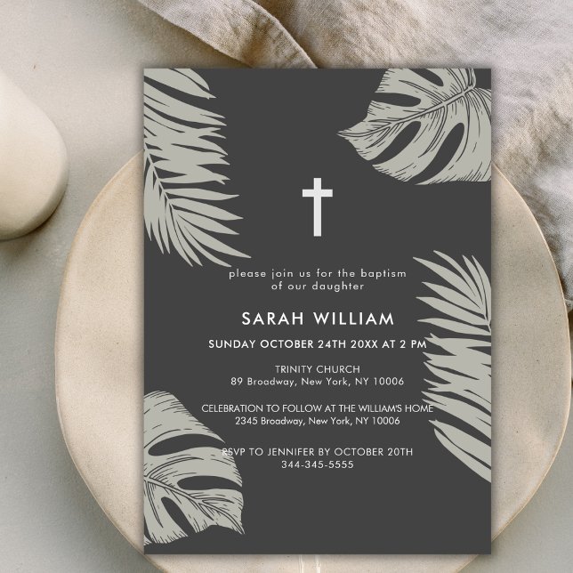 Elegant Black Boho Löv Kor Baptism Inbjudningar (Elegant Black Boho Leave Gold Cross Baptism Invitation)