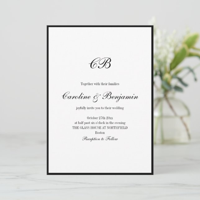 Elegant Black Border White Script Monogram Wedding Inbjudningar (Stående Fram)