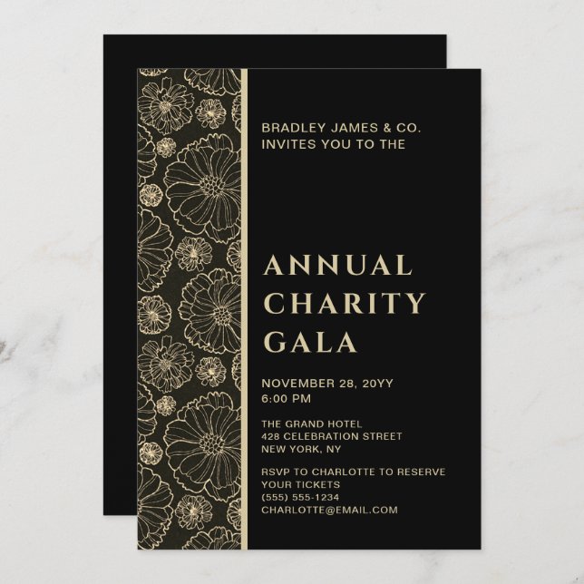 Elegant Black Botanical Charity Event Gala Party Inbjudningar (Fram/baksida)