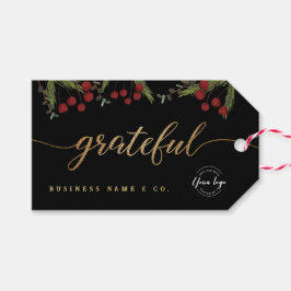 Elegant Black Botanical “Grateful” Holiday Custom Presentetikett
