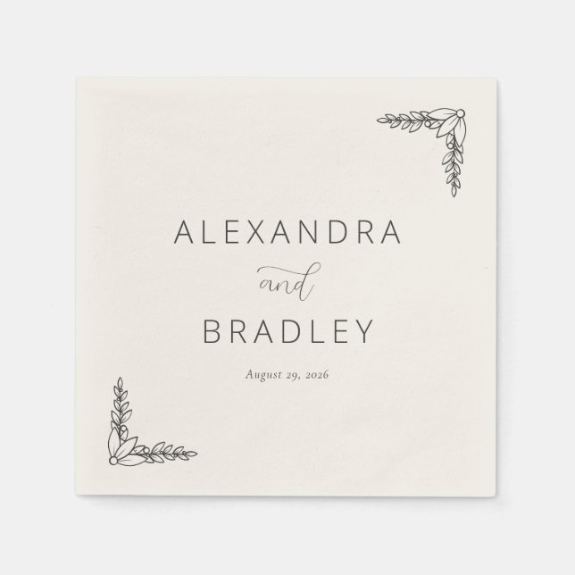 Elegant Black Botanical Line Work Pappersservett (Framsidan)