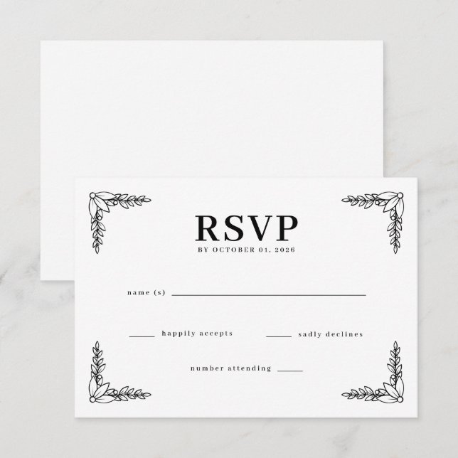 Elegant Black Botanical RSVP OSA Kort (Fram/baksida)