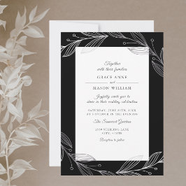 Elegant Black Botanical Silver Löv Bröllop Inbjudningar