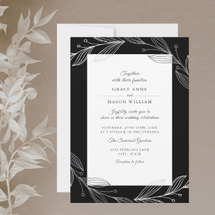 Elegant Black Botanical Silver Löv Bröllop Inbjudningar
