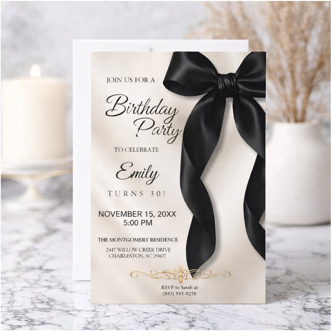 Elegant Black Bow Birthday Invitation Inbjudningar (Skapare uppladdad)