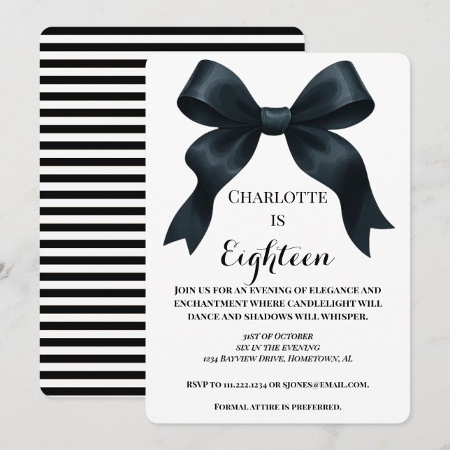 Elegant Black Bow Birthday Invite - Black Stripe Inbjudningar (Fram/baksida)