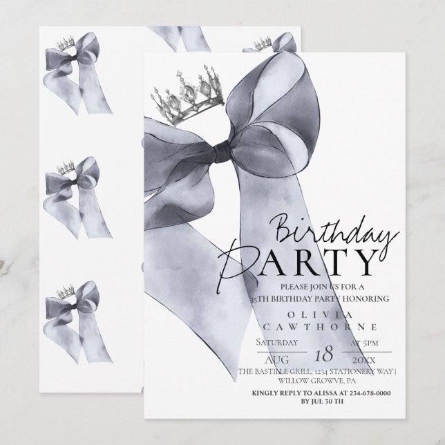 Elegant Black Bow Birthday Party  Inbjudningar (Fram/baksida)