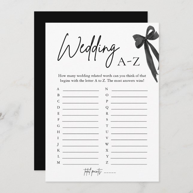 Elegant Black Bow Bröllop A-Z Möhippa Game Inbjudningar (Fram/baksida)