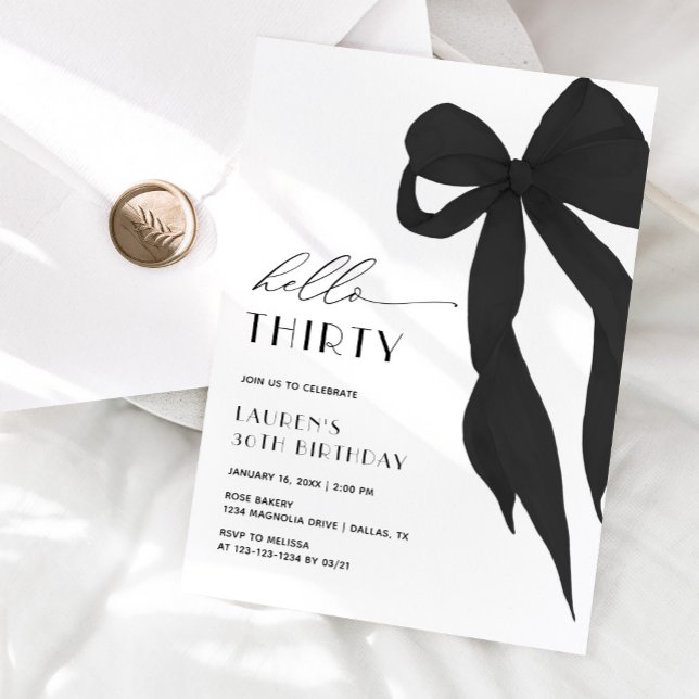 Elegant Black Bow Hello Thirty 30th Birthday Inbjudningar (Skapare uppladdad)