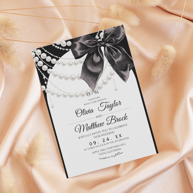 Elegant Black Bow Pearls Wedding Inbjudningar (Skapare uppladdad)