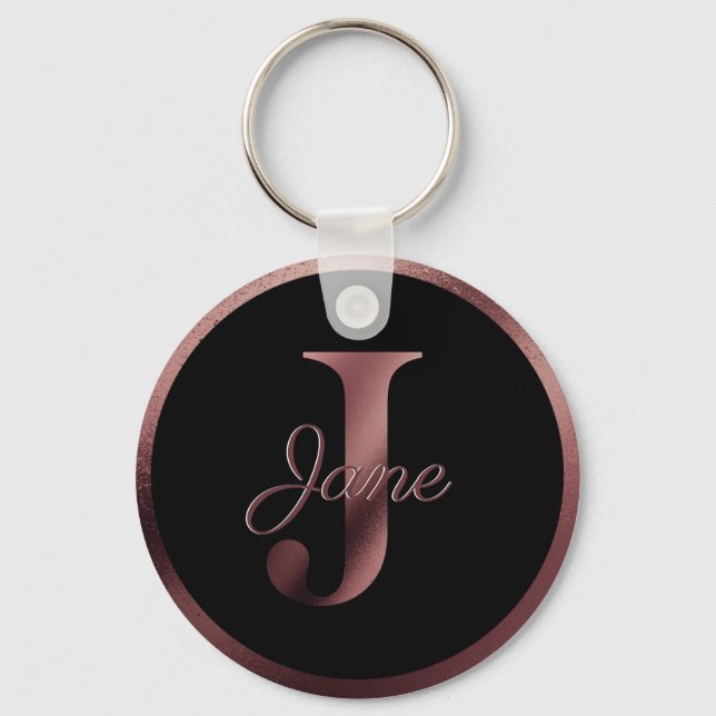 Elegant Black Brev J Ro Guld Metallic Monogram Nyckelring (Framsida)