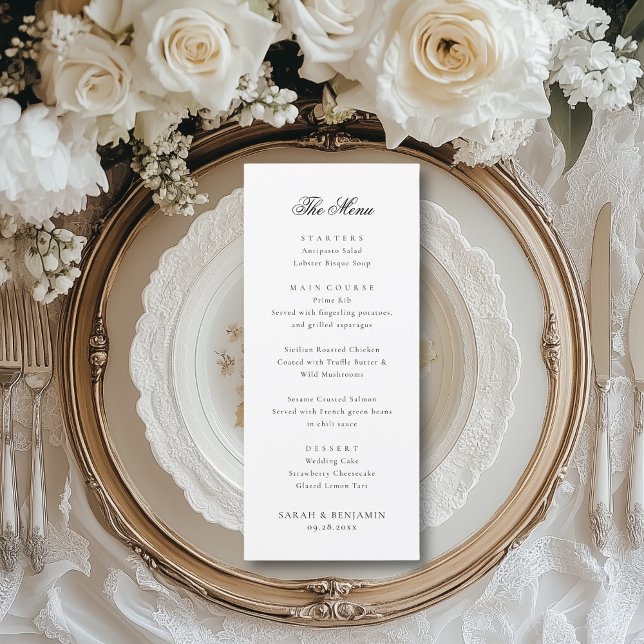 Elegant Black Bröllop Menu & Reception Tack Meny (This elegant wedding reception menu features your a luxurious script font.)