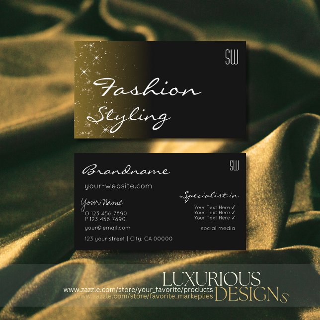 Elegant Black Brown Glitter Stars med Monogram Visitkort (Skapare uppladdad)