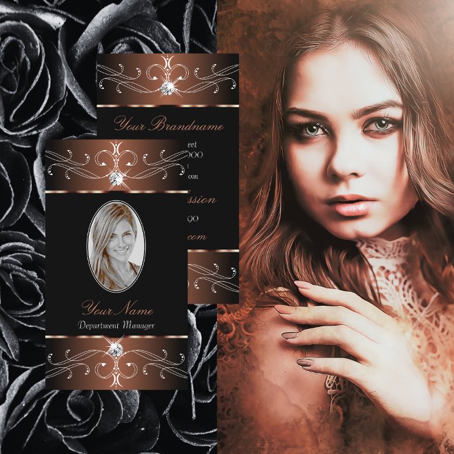 Elegant Black Brown Ornate Ornaments med Photo Visitkort (Skapare uppladdad)