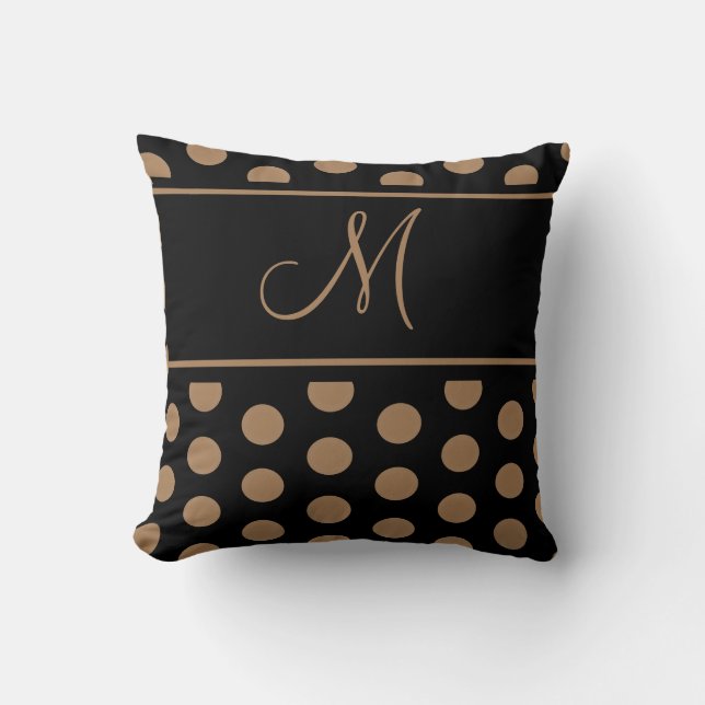 Elegant Black Brown Polka dots Rand Monogram Kudde (Framsida)
