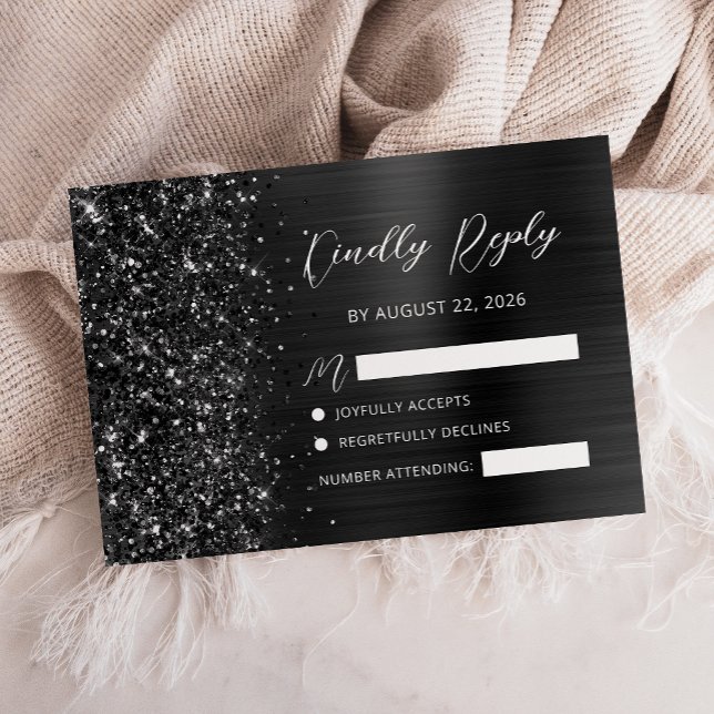 Elegant Black Brushed Metall Glitter Bröllop OSA Kort (Skapare uppladdad)