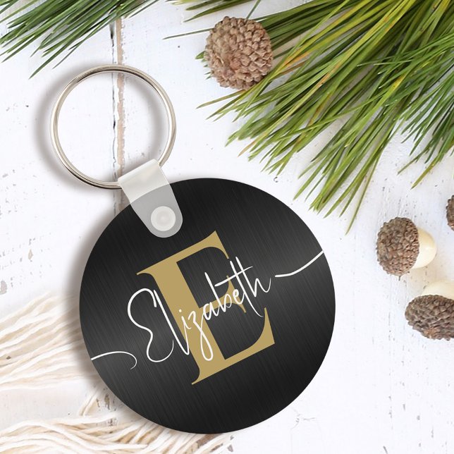 Elegant Black Brushed Metallic Guld Monogrammed Nyckelring (Skapare uppladdad)