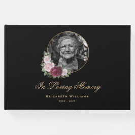 Elegant Black Burgundy Rosa Blommigt Funeral Photo Gästböcker