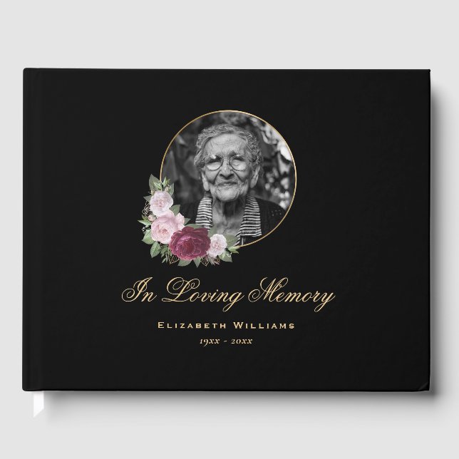 Elegant Black Burgundy Rosa Blommigt Funeral Photo Gästböcker (Framsida)