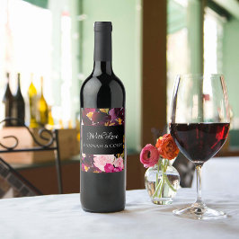 Elegant Black Burgundy Rosa Blommigt Ram Vinflaska Etikett