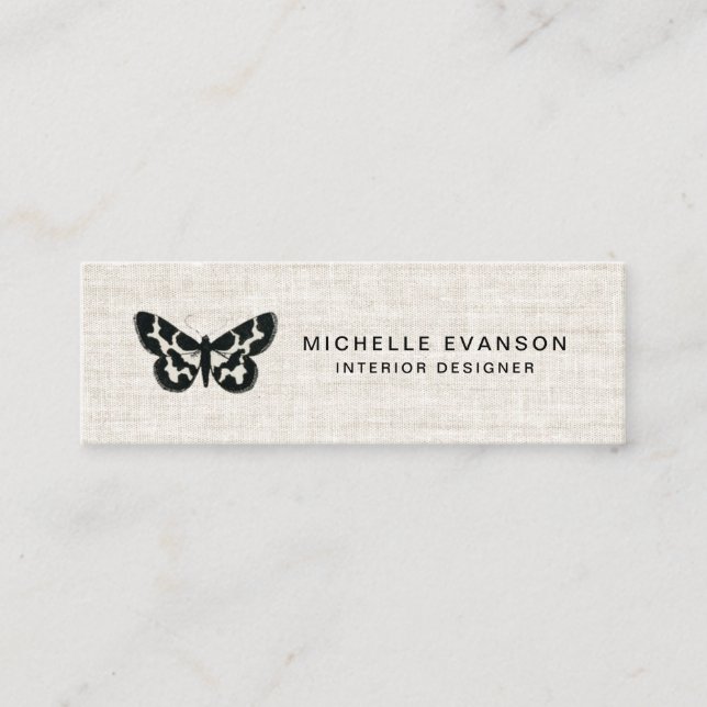 Elegant Black Butterfly Logotyp Tan Linen-utseende Mini Visitkort (Framsida)