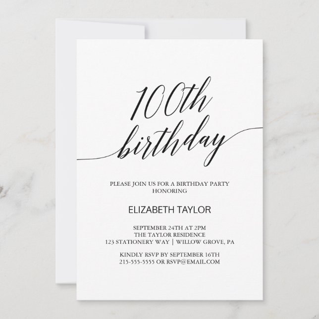 Elegant Black Calligraphy 100 Birthday Inbjudningar (Framsida)
