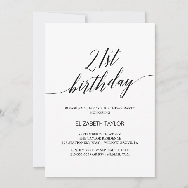 Elegant Black Calligraphy 21 Birthday Inbjudningar (Framsida)