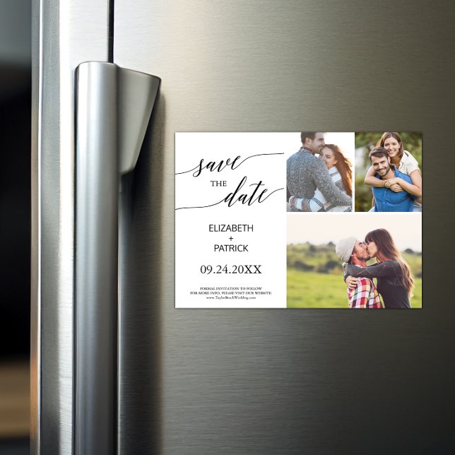 Elegant Black Calligraphy 3 Photo Save Date Magnetisk Inbjudningskort (Skapare uppladdad)