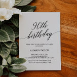 Elegant Black Calligraphy 90:e Birthday Inbjudningar<br><div class="desc">Den här elegantens 90:e kalligrafi-inbjudan är perfekt för en enkel födelsedagsfest. Neutraltens utformning har ett minimalistiskt kort som är dekorerat med romantisk och visuell typografi.</div>