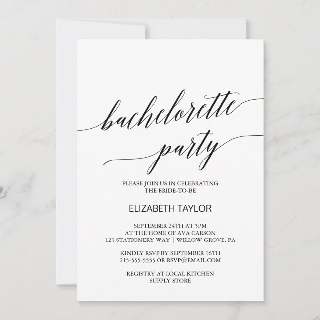 Elegant Black Calligraphy Bachelorette Party Inbjudningar (Framsida)