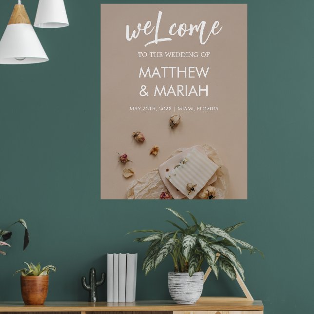 Elegant Black Calligraphy Blommigt Bröllop Välkomm Poster (Vardagsrum 1)